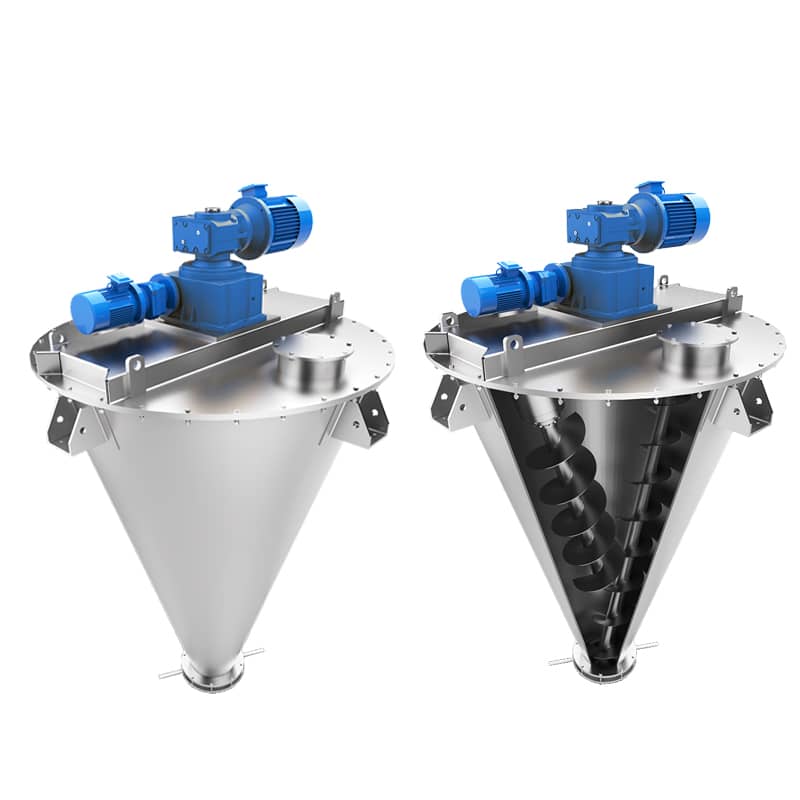 Cantilever double screw conical mixer showing cone vessel and drive system