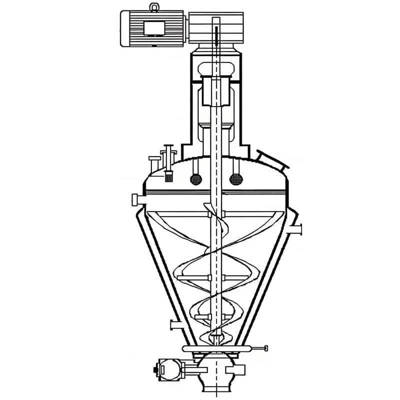 Cantilever double screw conical mixer showing cone vessel and drive system