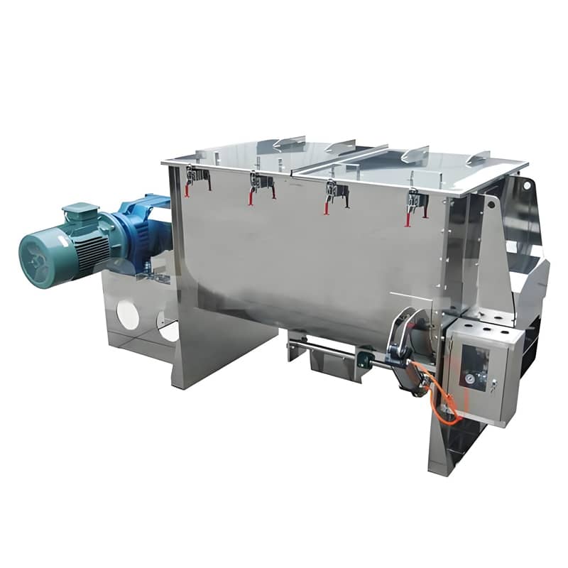 Horizontal ribbon mixer integrated with vacuum conveyor and storage silo in a powder processing line