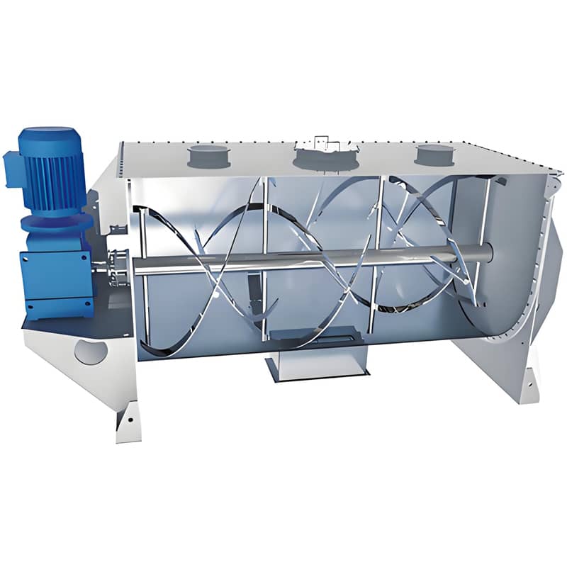 Inner and outer spiral ribbon blades for three-dimensional powder mixing motion
