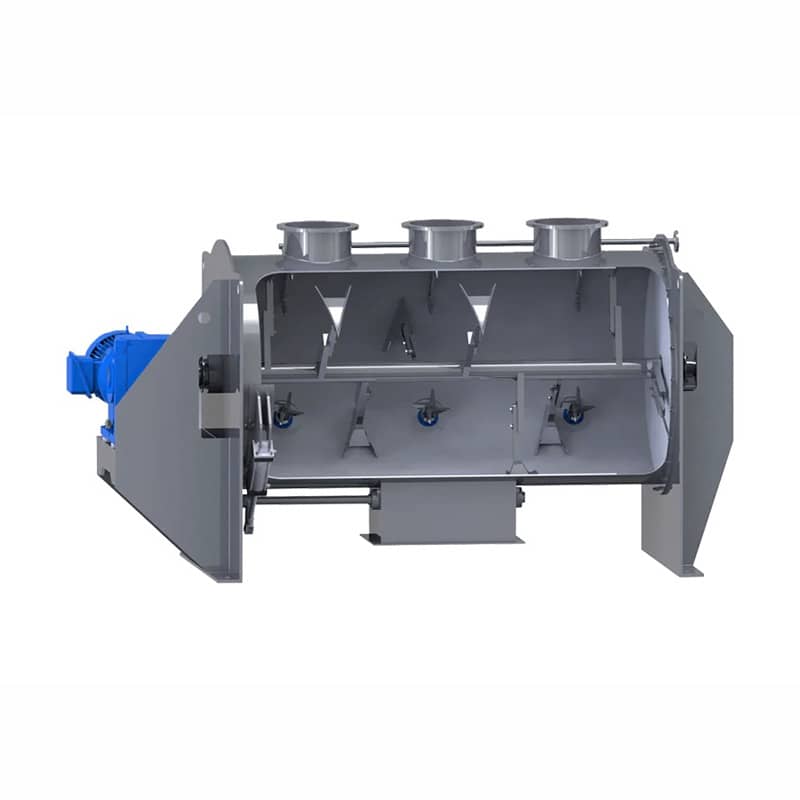 Plow-shaped mixing tools creating fluidized bed motion in horizontal mixer