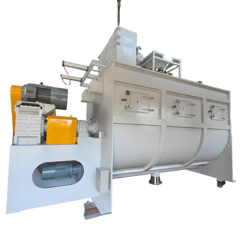 Plow-shaped mixing tools creating fluidized bed motion in horizontal mixer
