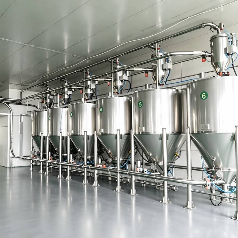Stainless steel powder storage silo with cone hopper and support legs - Guanjiang