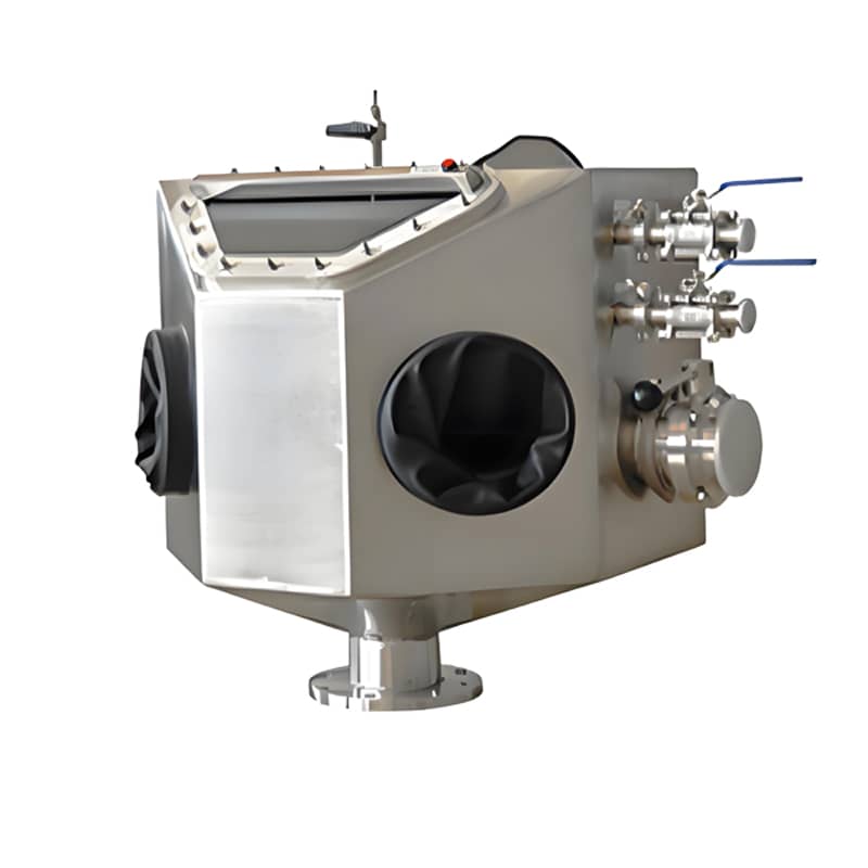 Glove box feeder connected to reactor via bottom flange with butterfly valve for controlled discharge