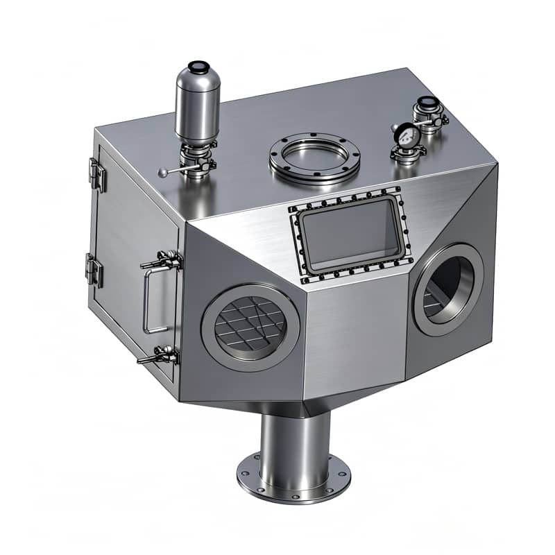 Glove box feeder connected to reactor via bottom flange with butterfly valve for controlled discharge