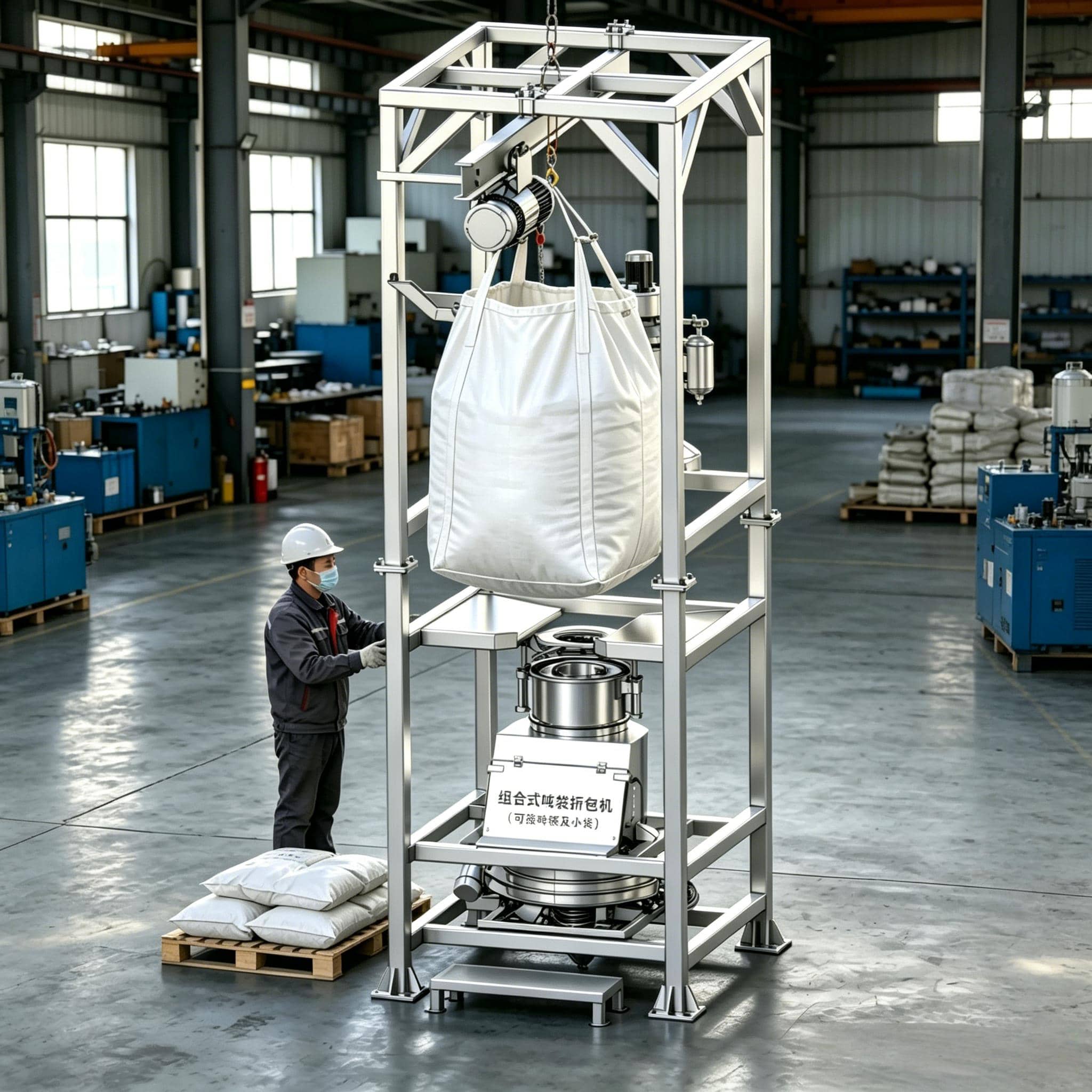 Operator using big bag unloading station in food processing facility