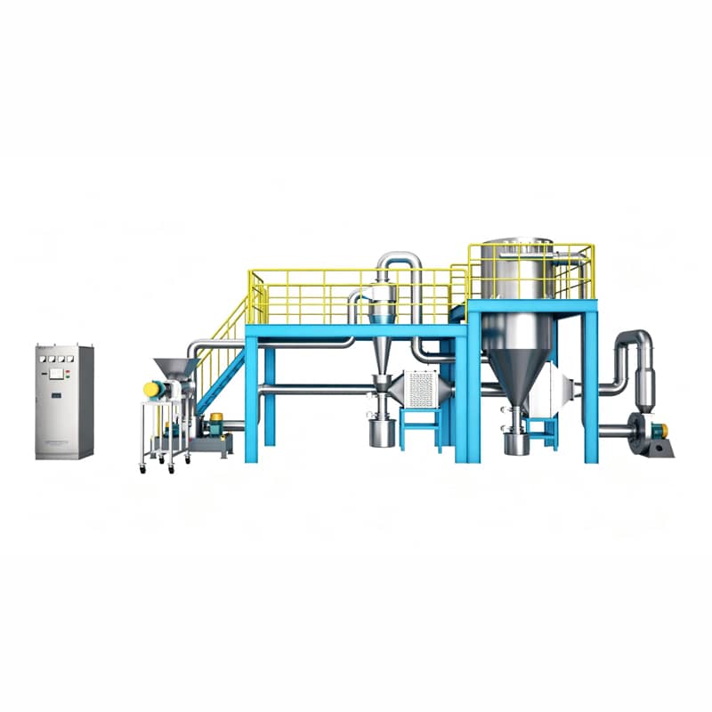 Product collection container with cyclone or filter receiver for fine powder
