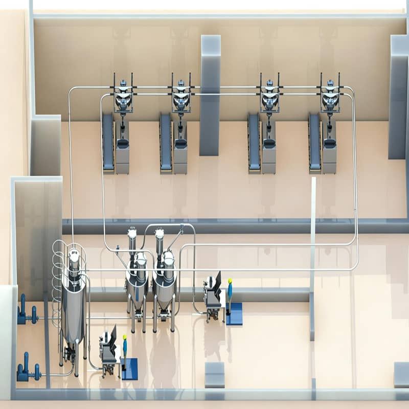 Process flow diagram of pneumatic conveying system showing material routing
